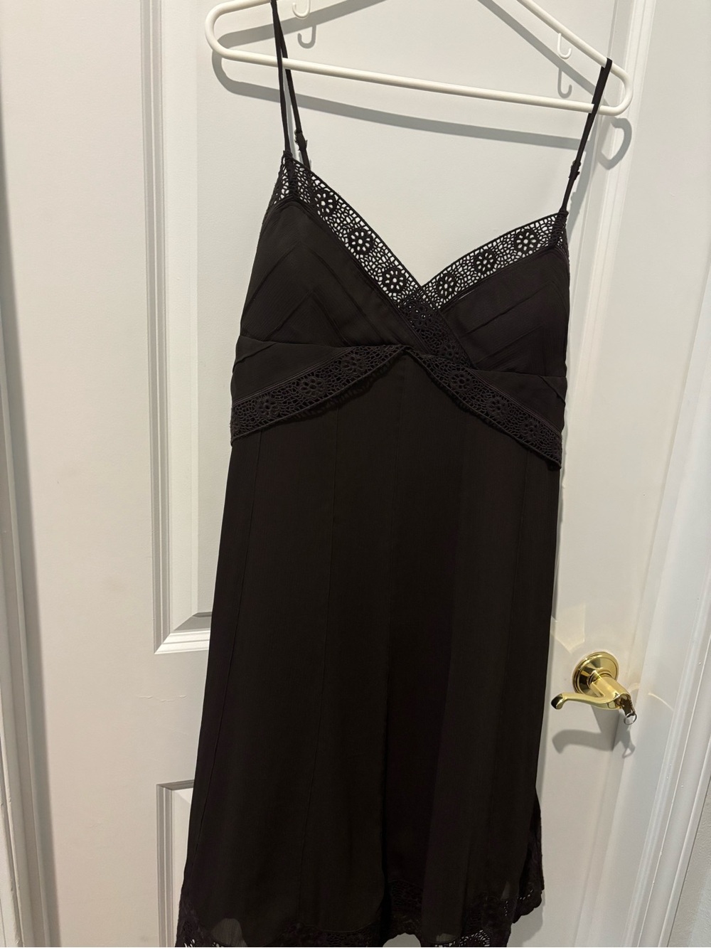 Antonio Melani chocolate brown spaghetti strap embroidered lace trim midi dress